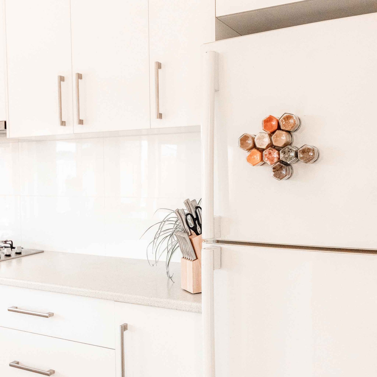 Magnetic spice jars attached to the top section of a white fridge